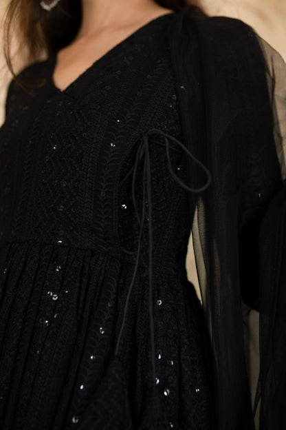 Women's Black Thread Work Anarkali Set