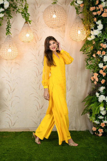 Women's Yellow Mirror Work Organza Kurta With palazzo