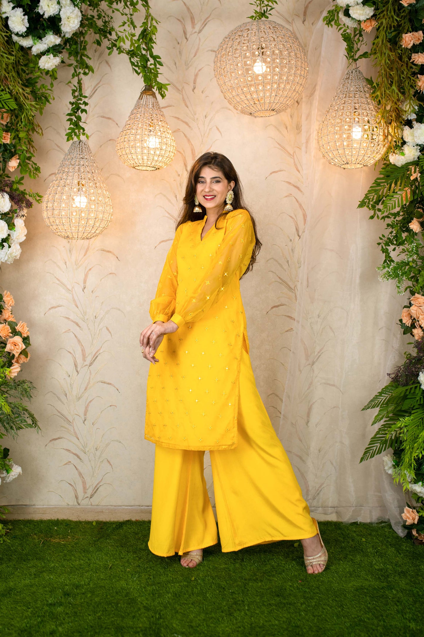 Women's Yellow Mirror Work Organza Kurta With palazzo
