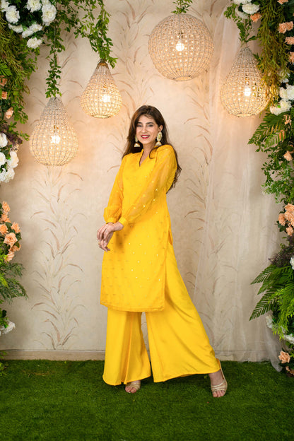 Women's Yellow Mirror Work Organza Kurta With palazzo