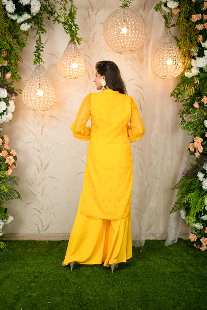 Women's Yellow Mirror Work Organza Kurta With palazzo