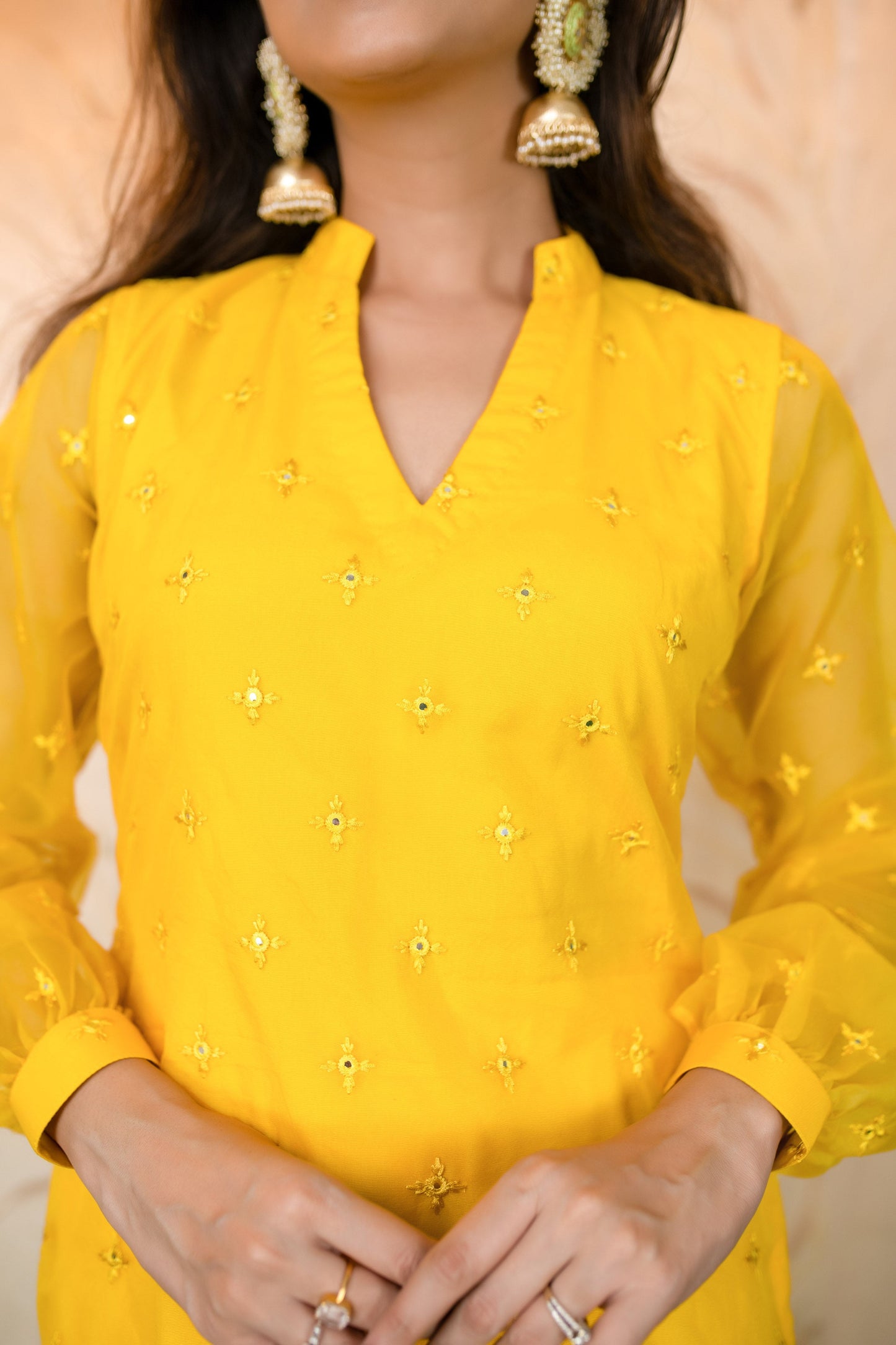 Women's Yellow Mirror Work Organza Kurta With palazzo