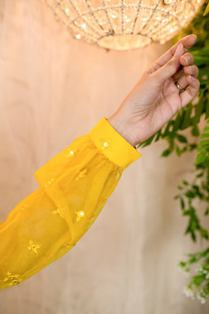 Women's Yellow Mirror Work Organza Kurta With palazzo
