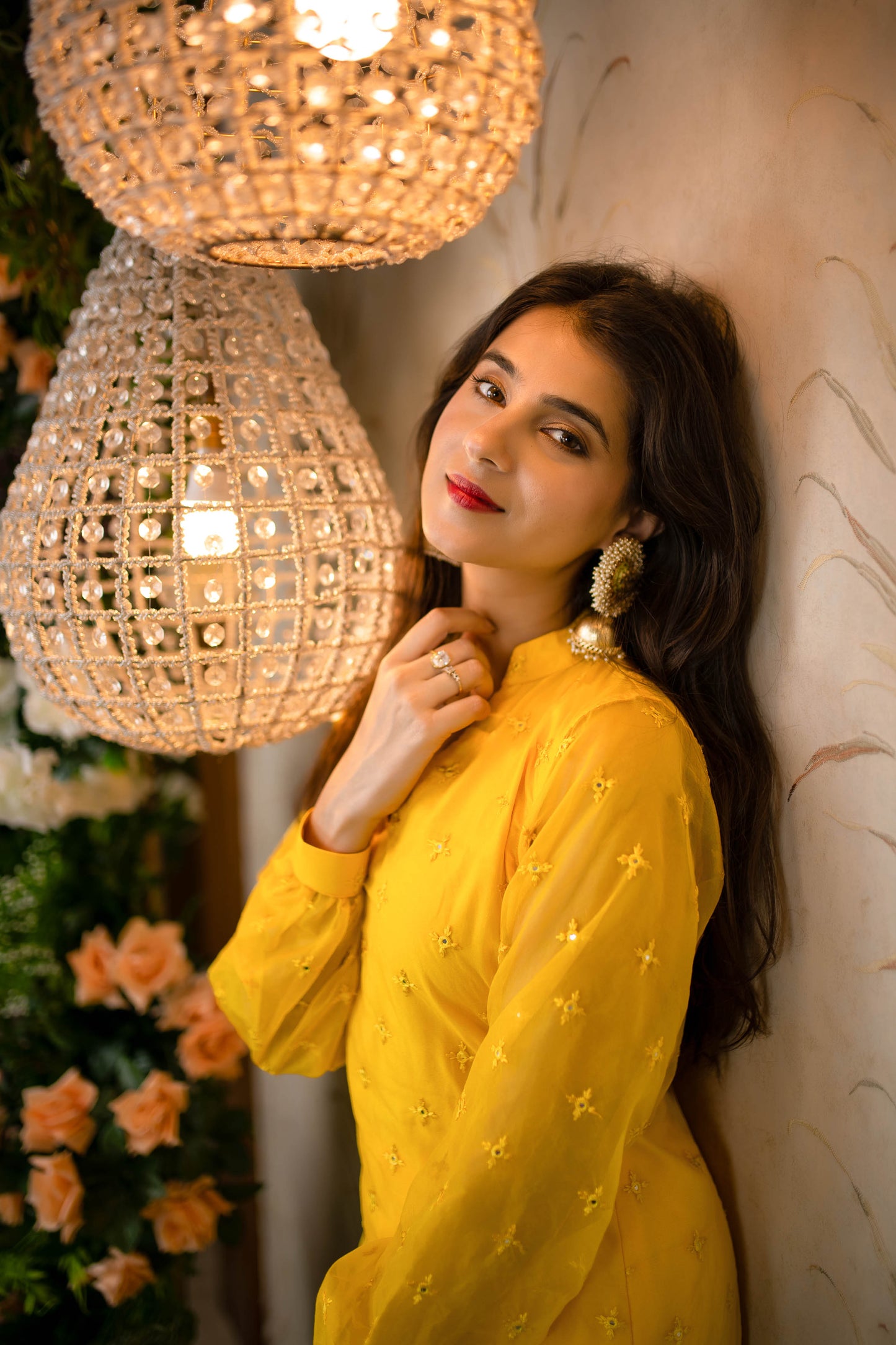 Women's Yellow Mirror Work Organza Kurta With palazzo