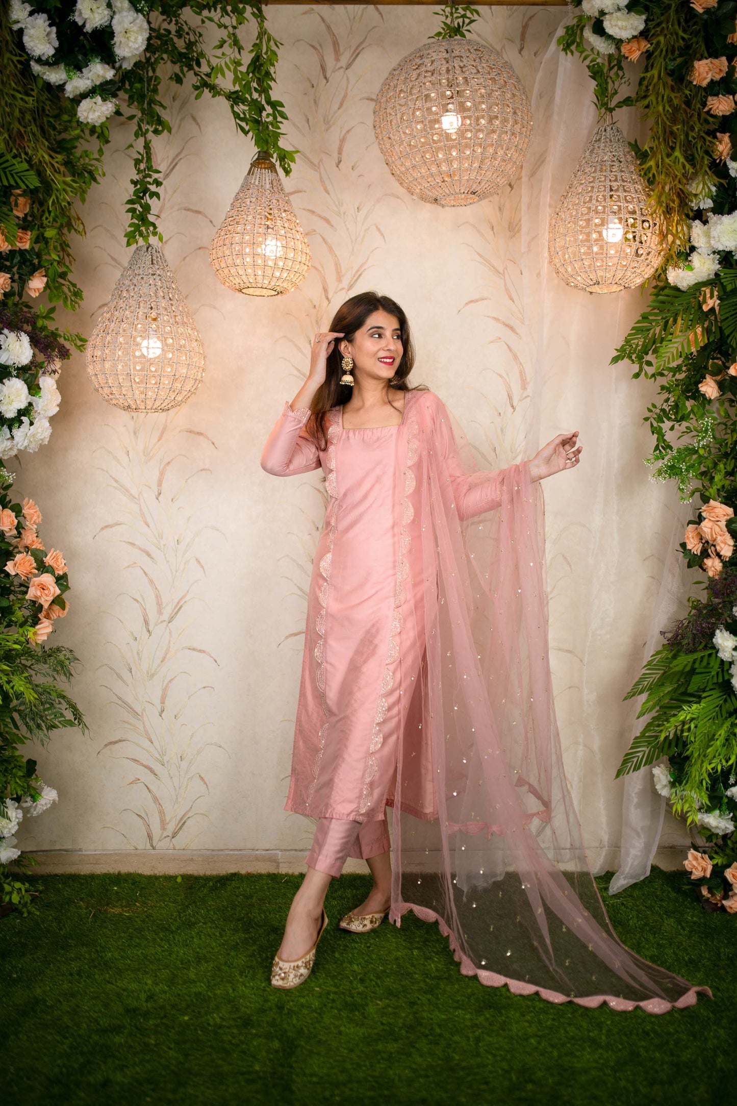 Women's Peach Lace Kurta Set