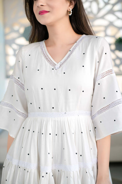 Women's White Polka Dot Ruffle Fit And Flare Short Dress (1pc)