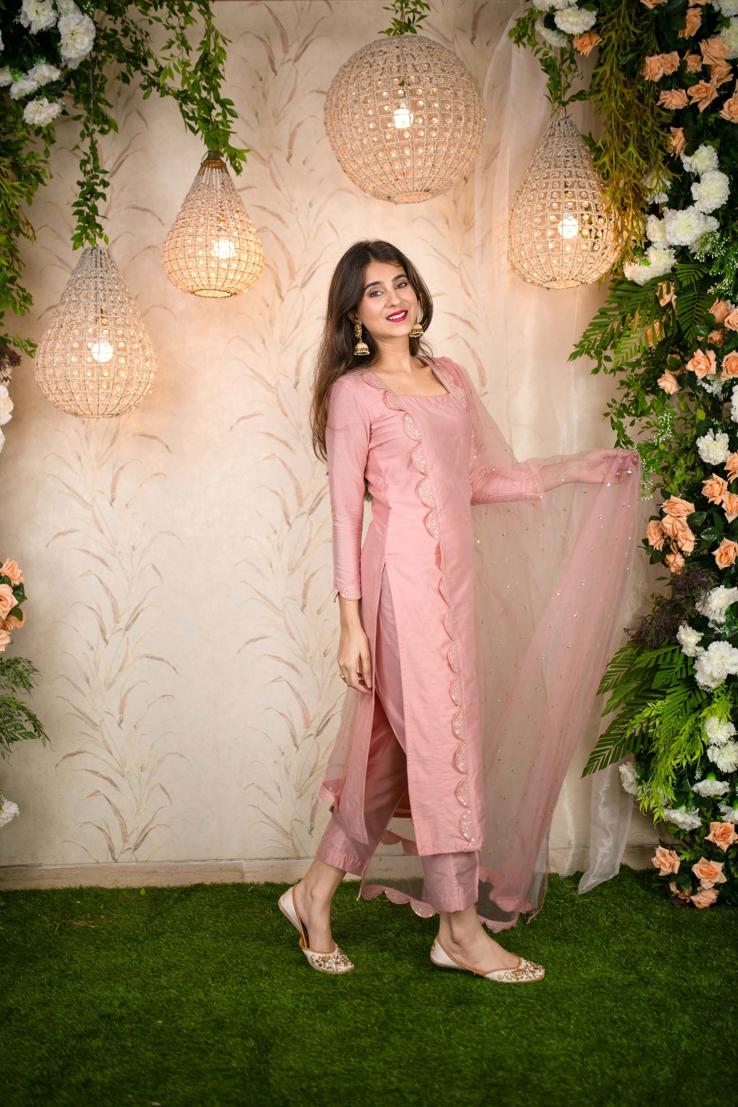 Women's Peach Lace Kurta Set