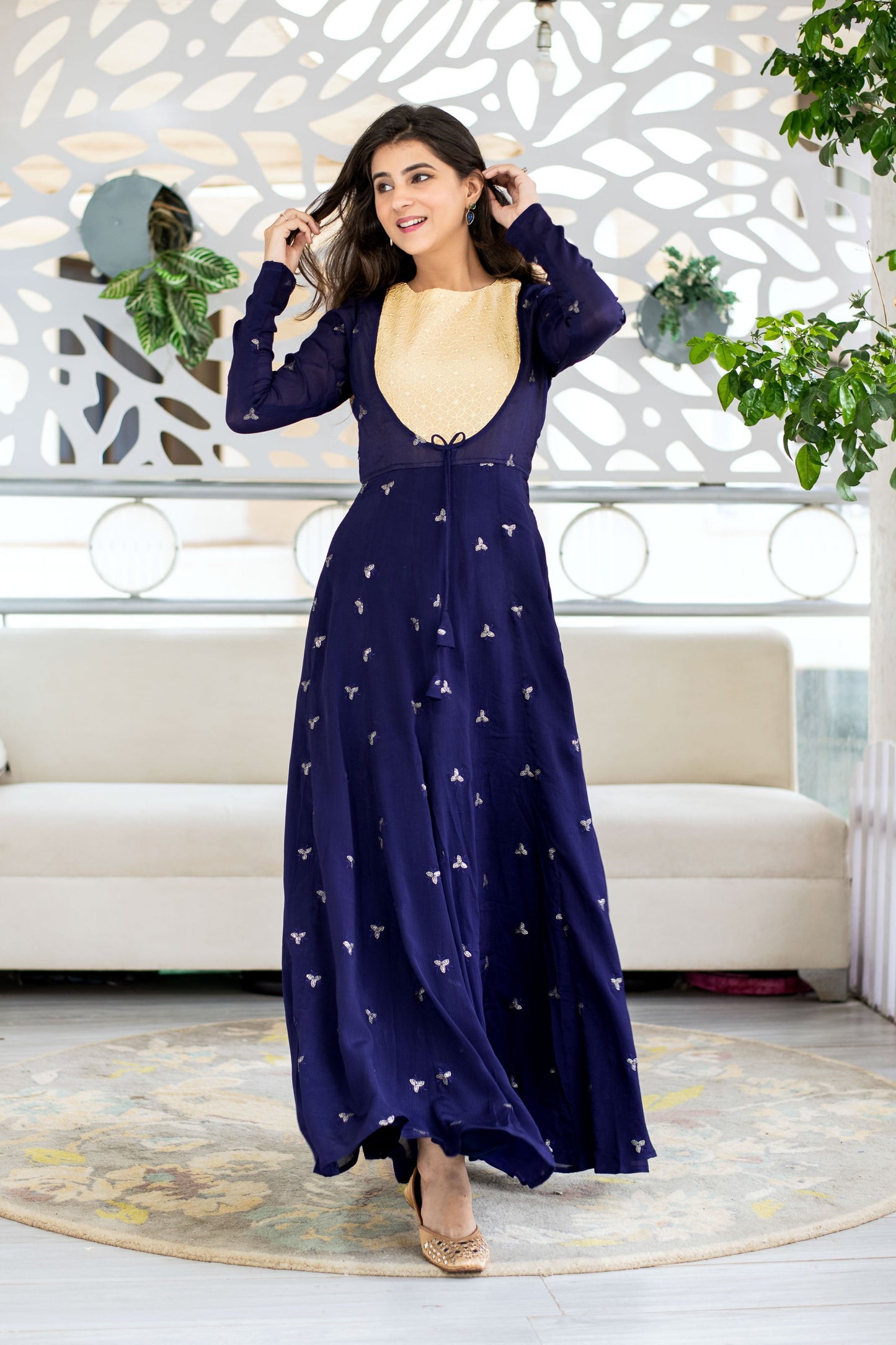 Women's Deep Blue and Beige Gown