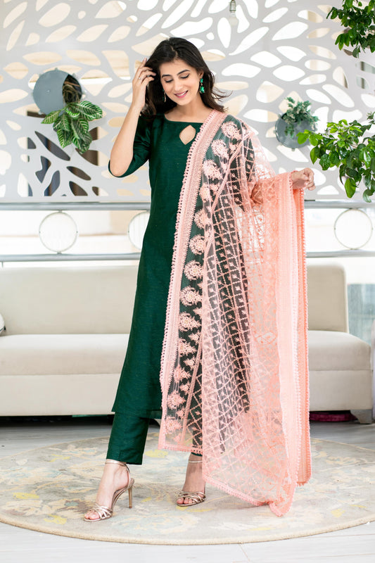 Women's Rama Green Kurta With Heavy Dupatta (3pcs Set)