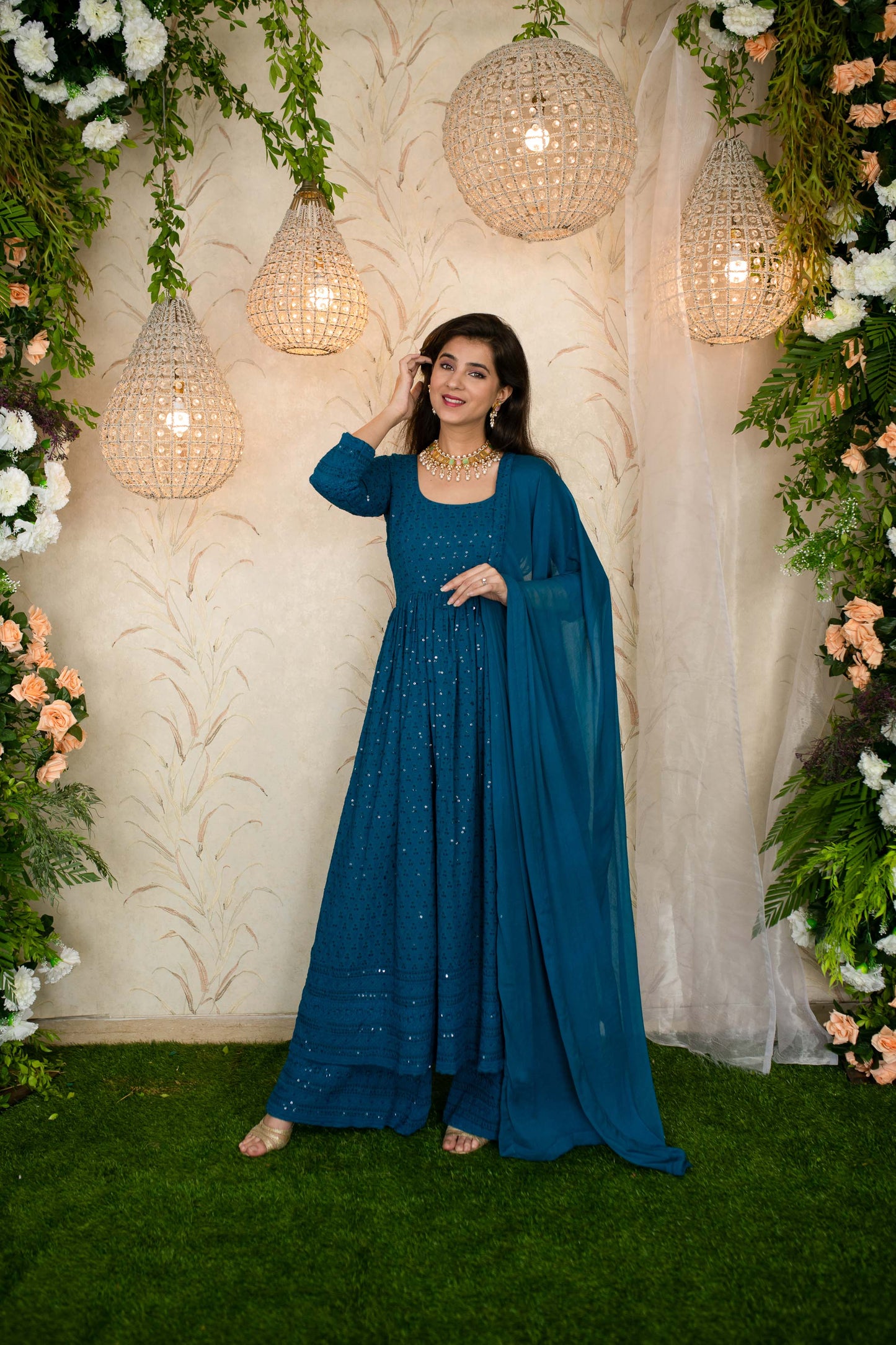 Women's Teal Blue Anarkali With Palazzo