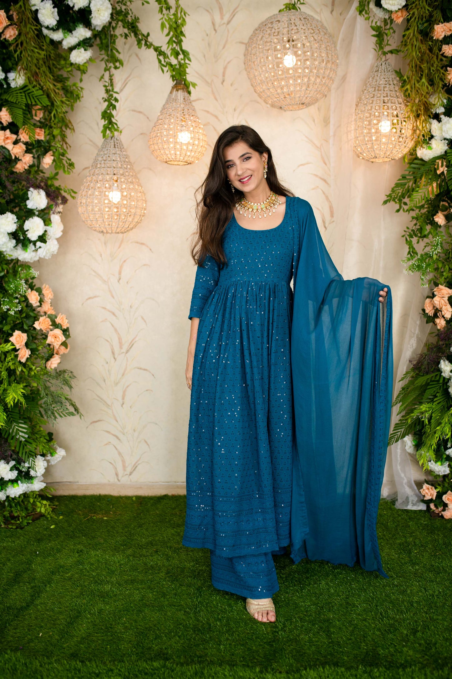 Women's Teal Blue Anarkali With Palazzo