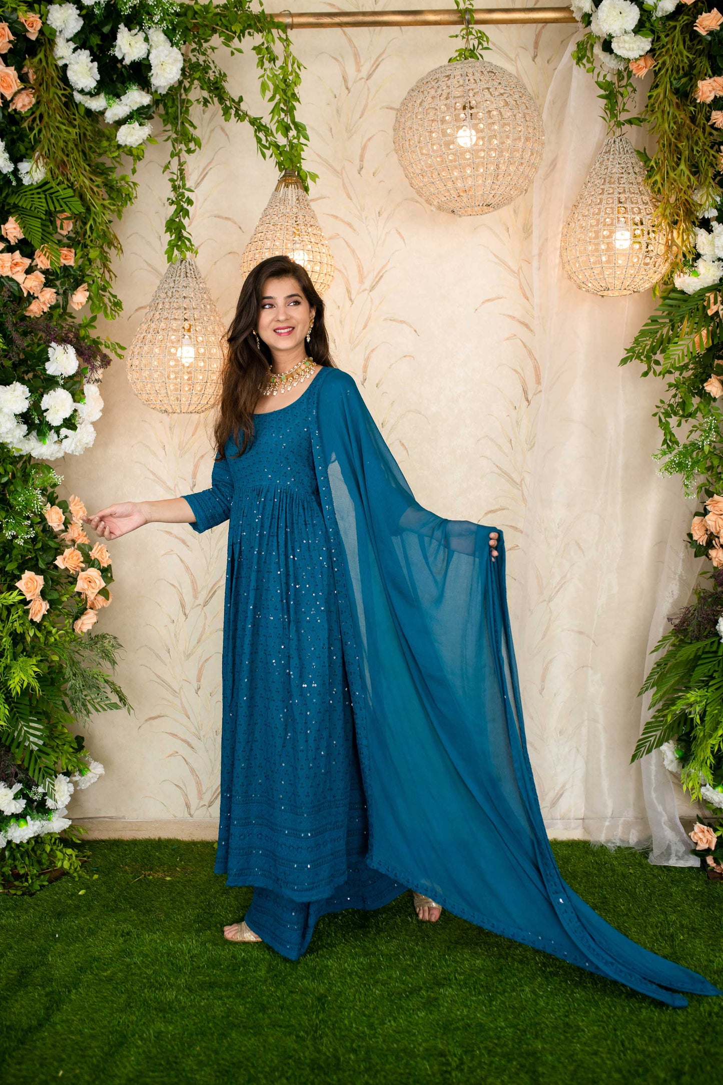 Women's Teal Blue Anarkali With Palazzo