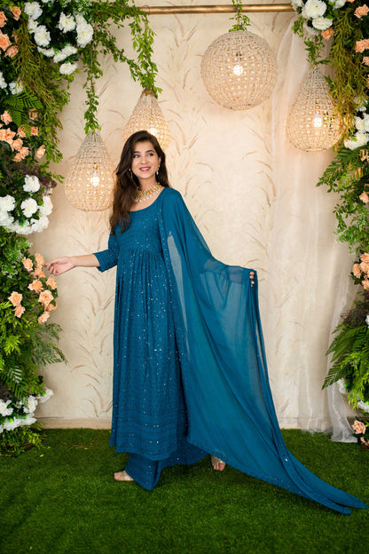 Women's Teal Blue Anarkali With Palazzo