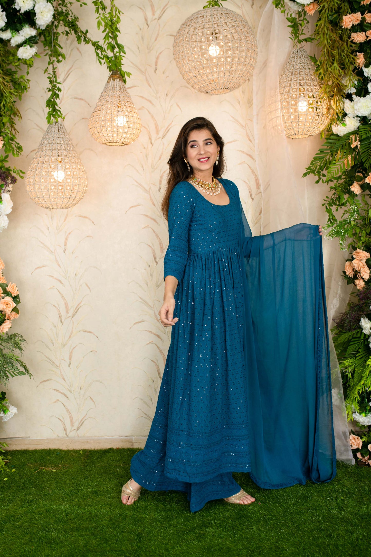 Women's Teal Blue Anarkali With Palazzo