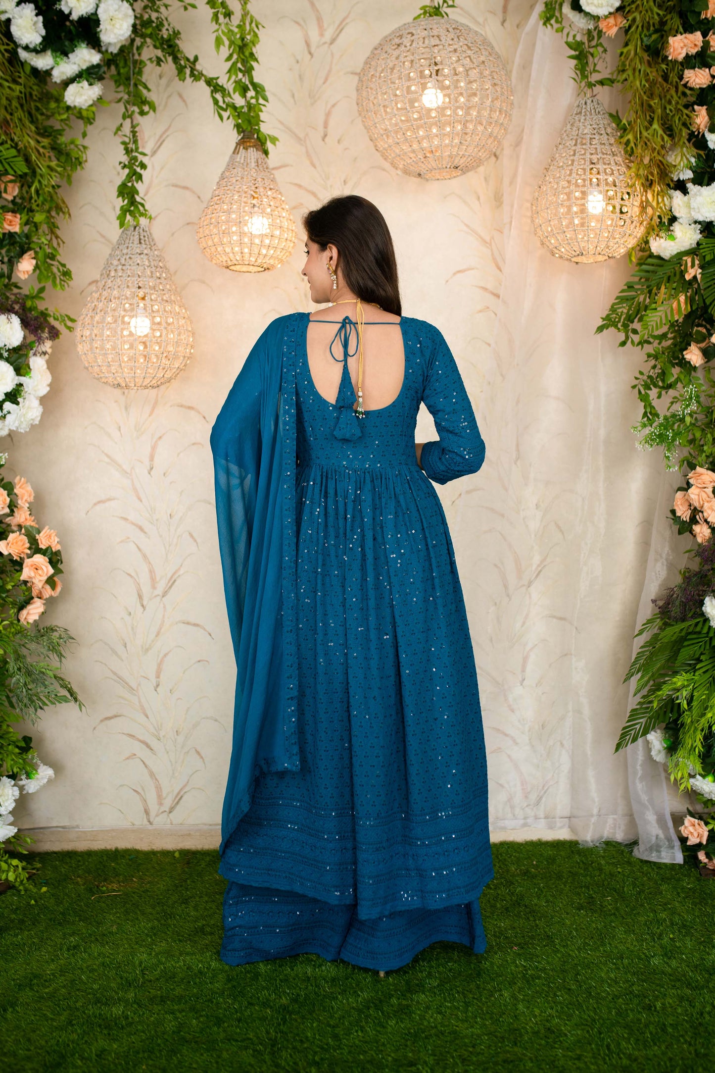 Women's Teal Blue Anarkali With Palazzo
