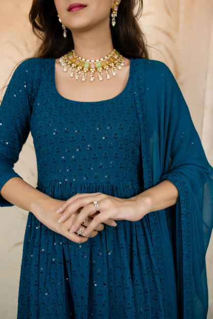 Women's Teal Blue Anarkali With Palazzo