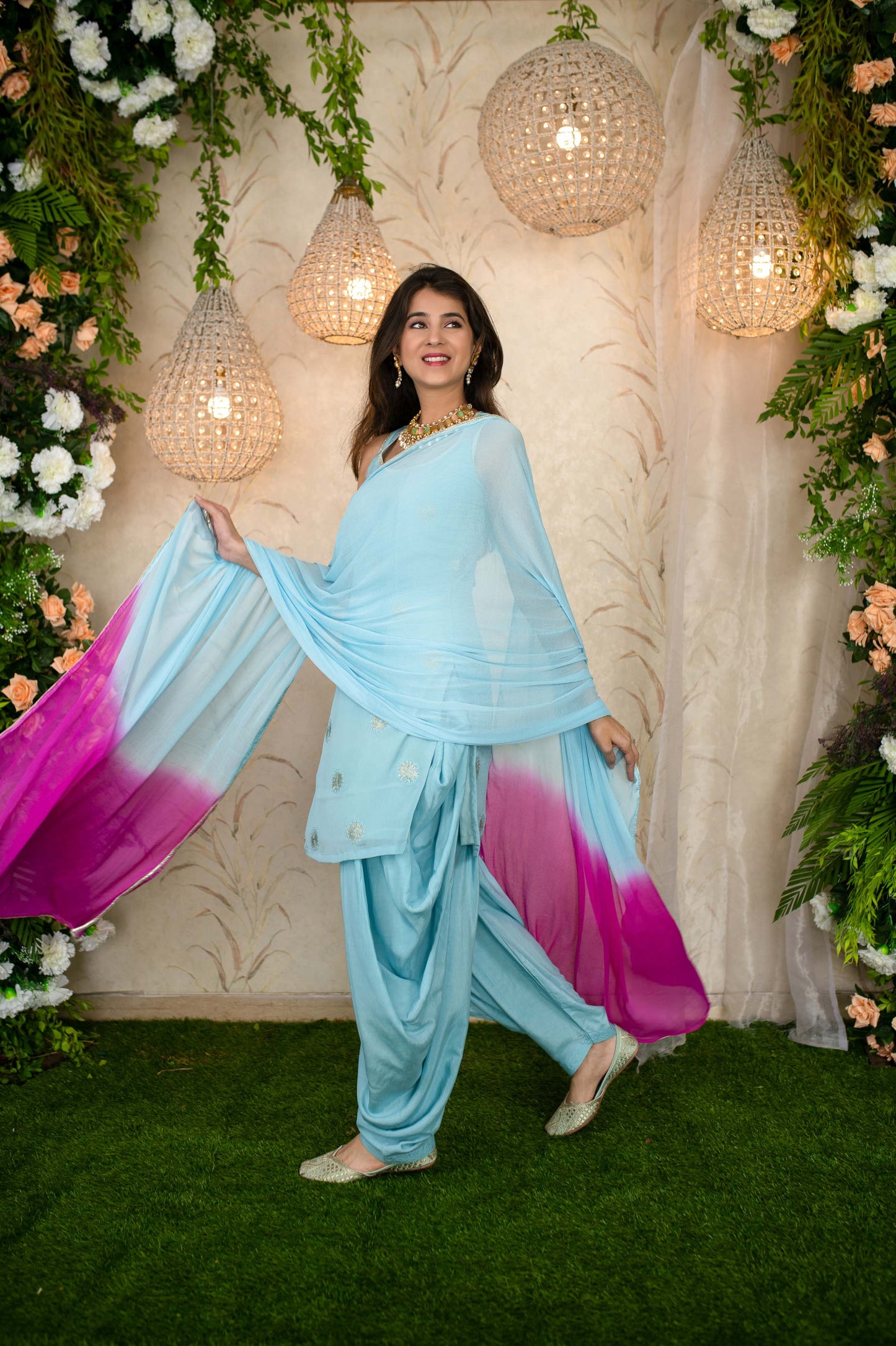 Women's Ice blue And Pink Patialla