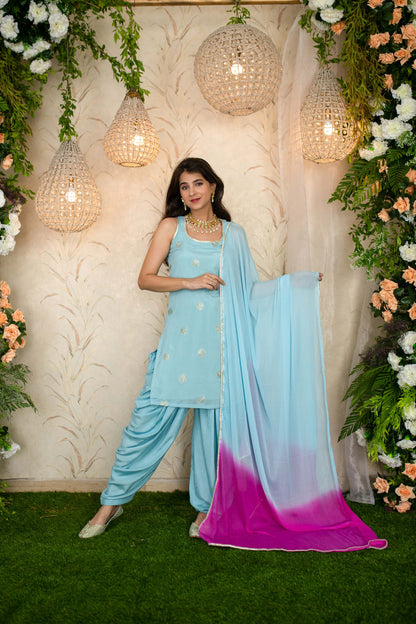 Women's Ice blue And Pink Patialla