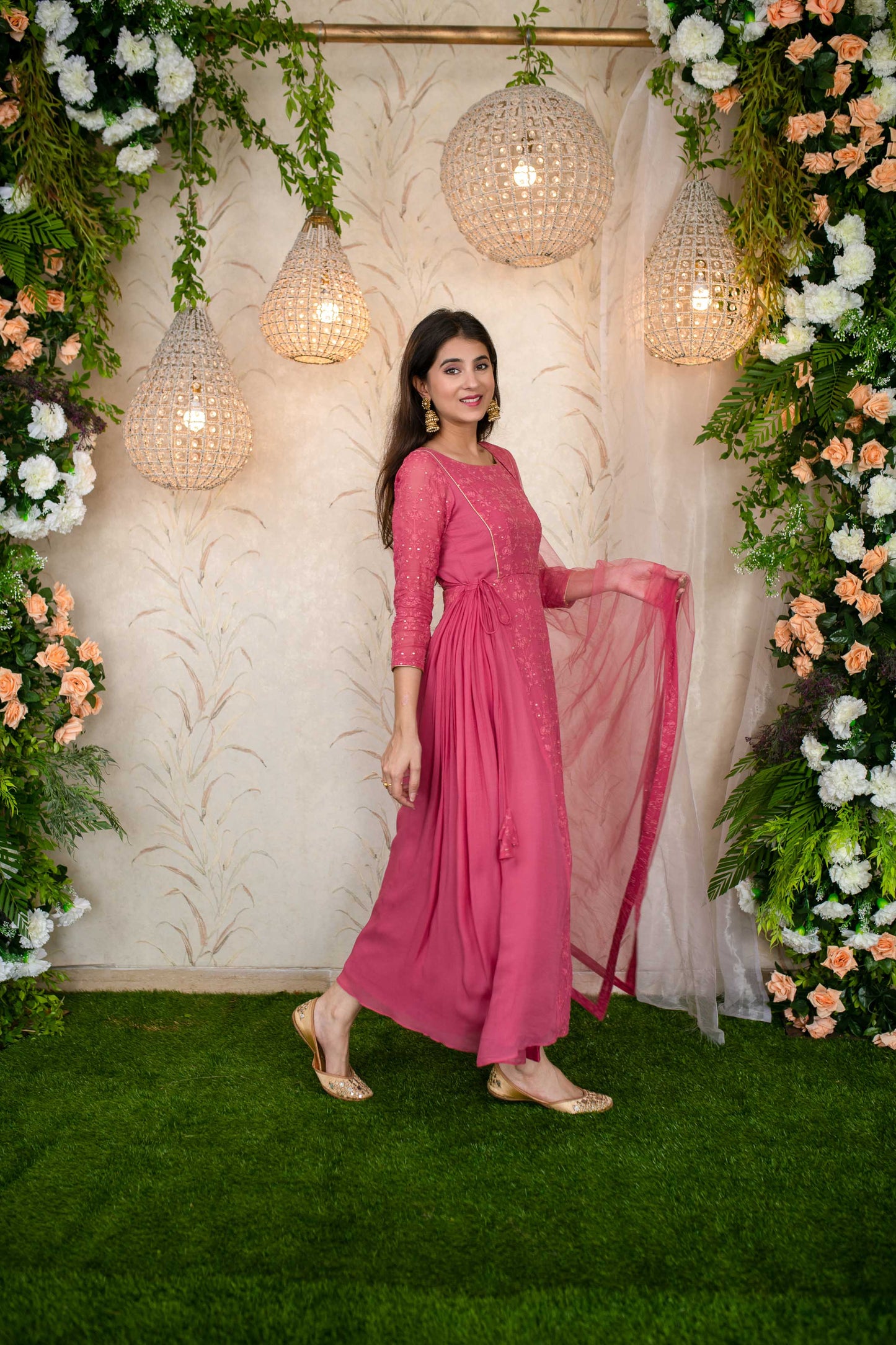 Women's Blush Pink Gathered Long Kurta