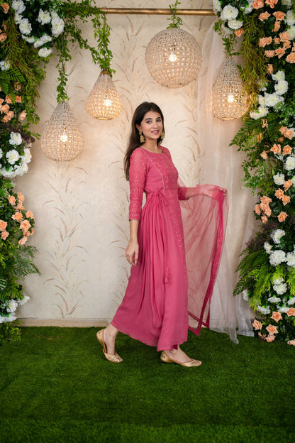 Women's Blush Pink Gathered Long Kurta