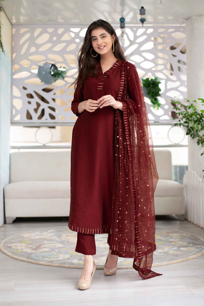 Women's Embellished Maroon Kurta Set (3 Pc Set)