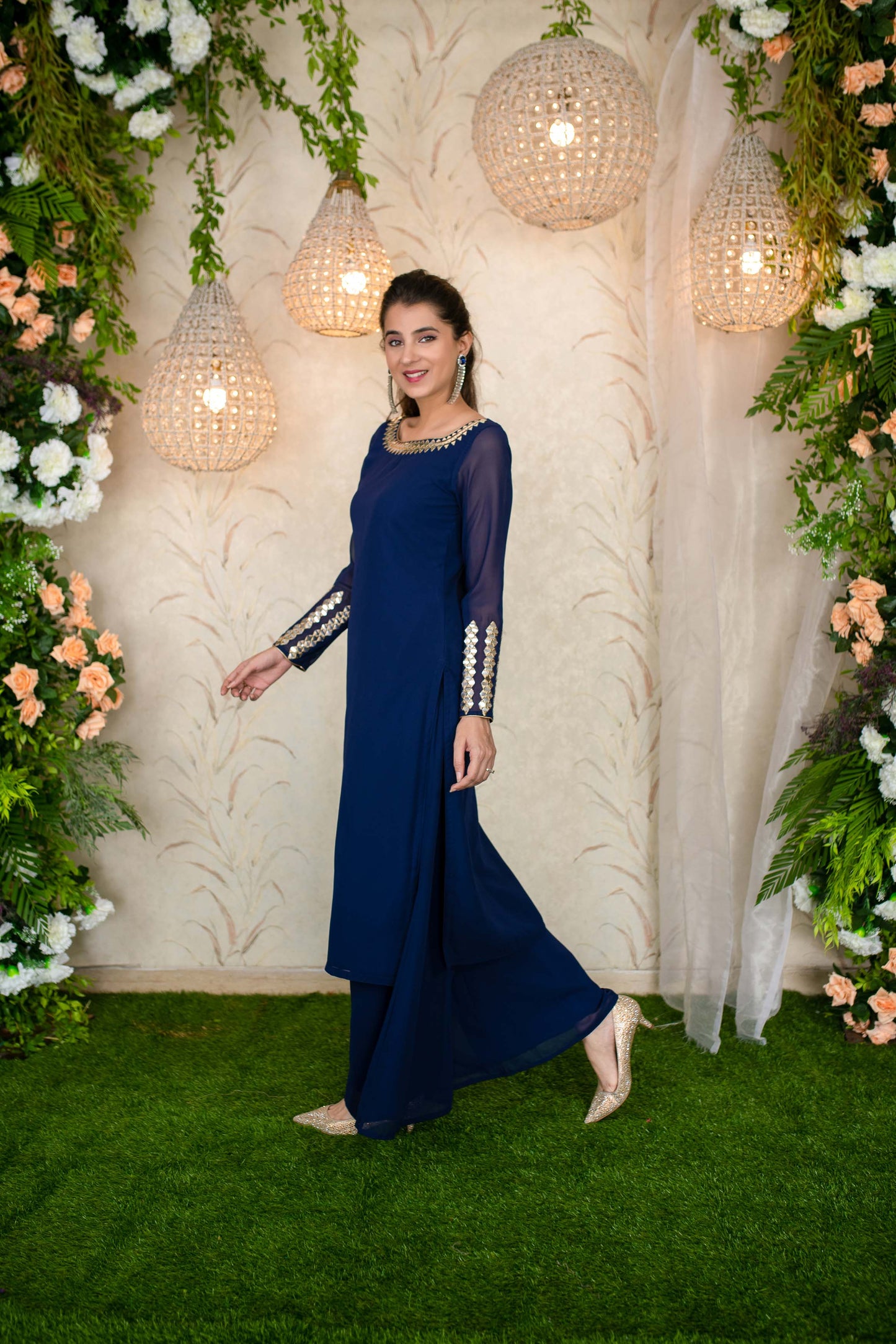 Women's Ink Blue Hand Mirror Work Kurta