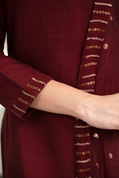 Women's Embellished Maroon Kurta Set (3 Pc Set)