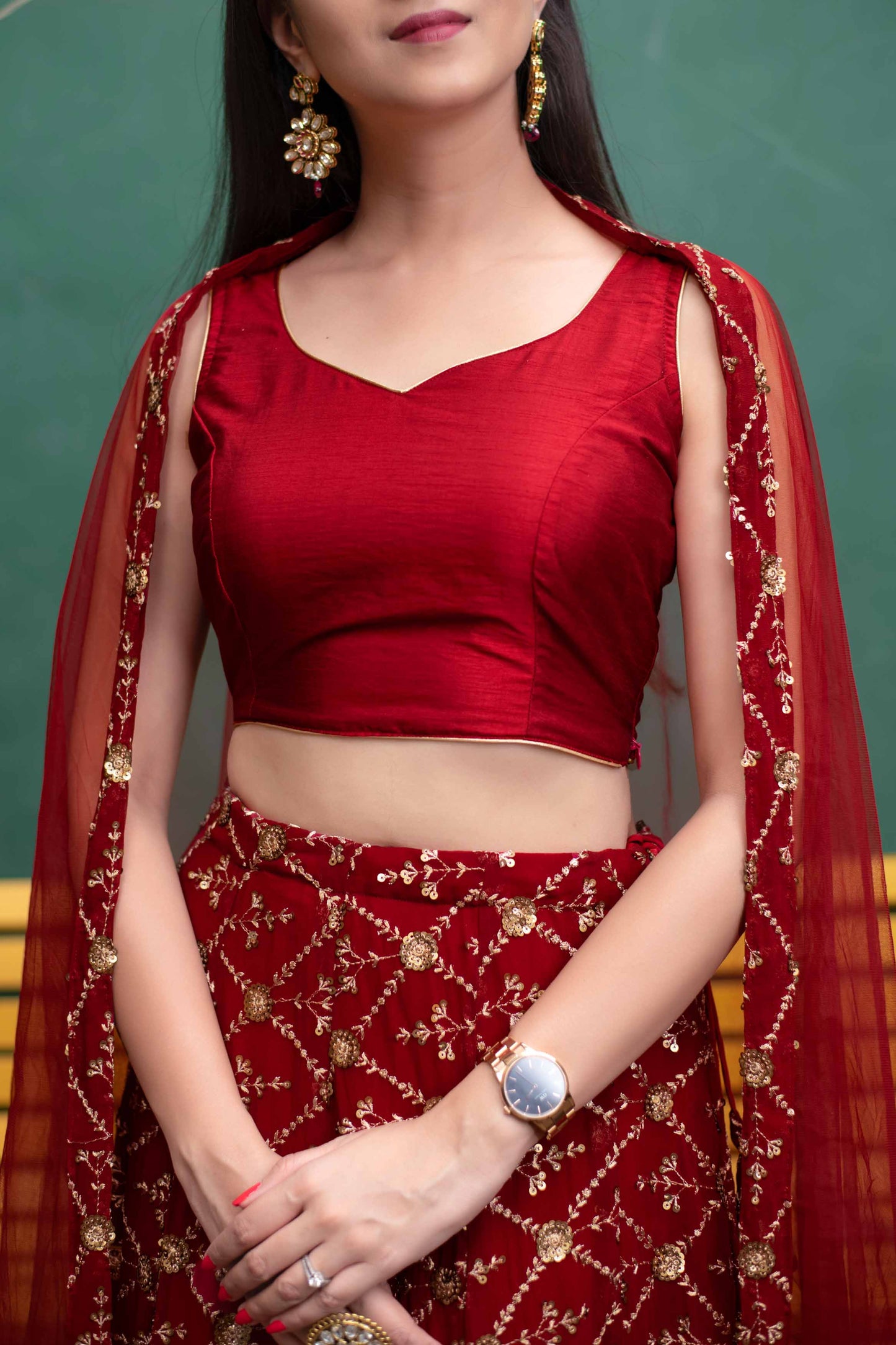 Women's Deep Red Sequin And Zari Work Lehenga Set (3pcs set)