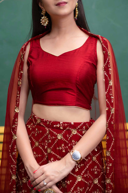 Women's Deep Red Sequin And Zari Work Lehenga Set (3pcs set)