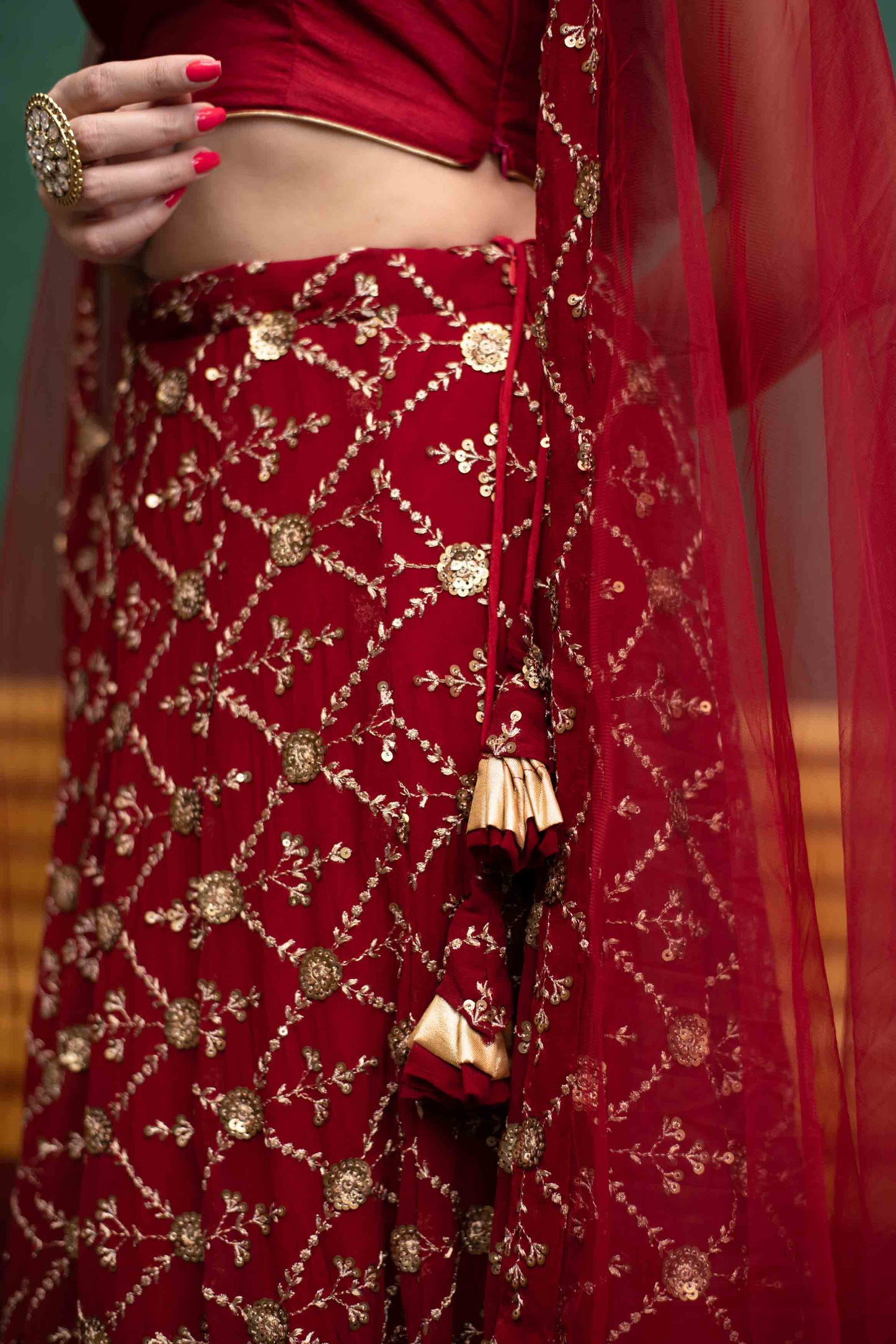 Women's Deep Red Sequin And Zari Work Lehenga Set (3pcs set)