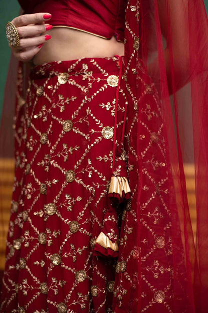 Women's Deep Red Sequin And Zari Work Lehenga Set (3pcs set)