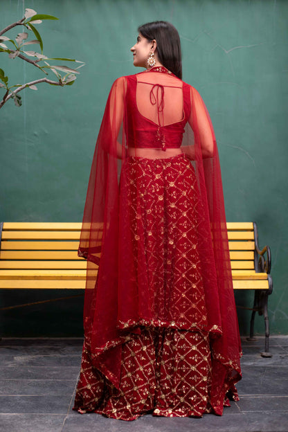 Women's Deep Red Sequin And Zari Work Lehenga Set (3pcs set)