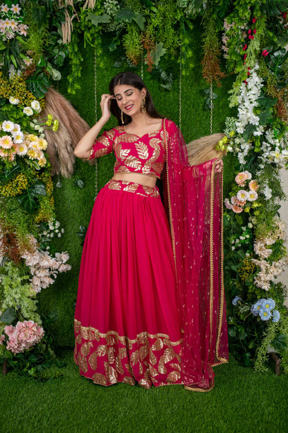 Women's Rani Pink Leaf Daman Lehenga