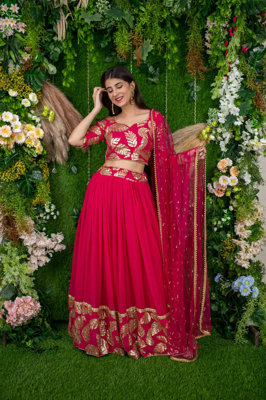 Women's Rani Pink Leaf Daman Lehenga