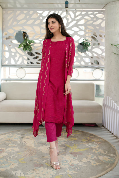 Women's Pink Kurta Pant With Overcoat (3pcs set)