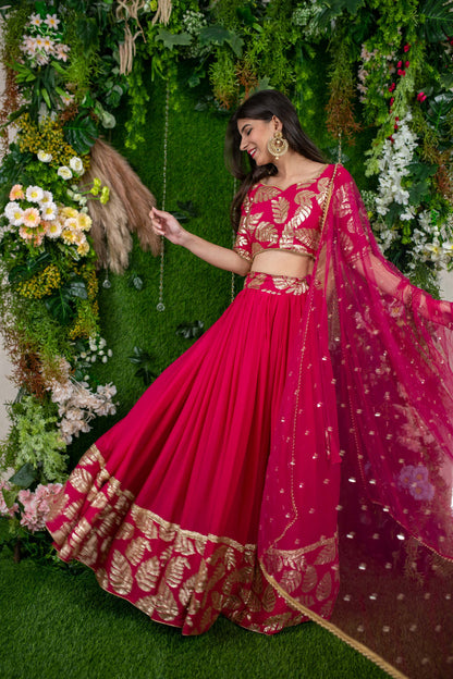 Women's Rani Pink Leaf Daman Lehenga