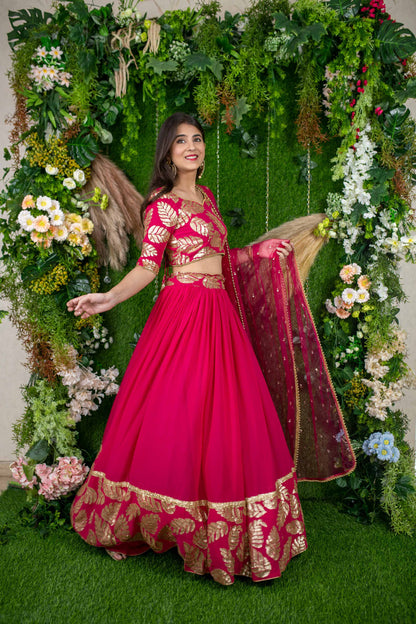 Women's Rani Pink Leaf Daman Lehenga