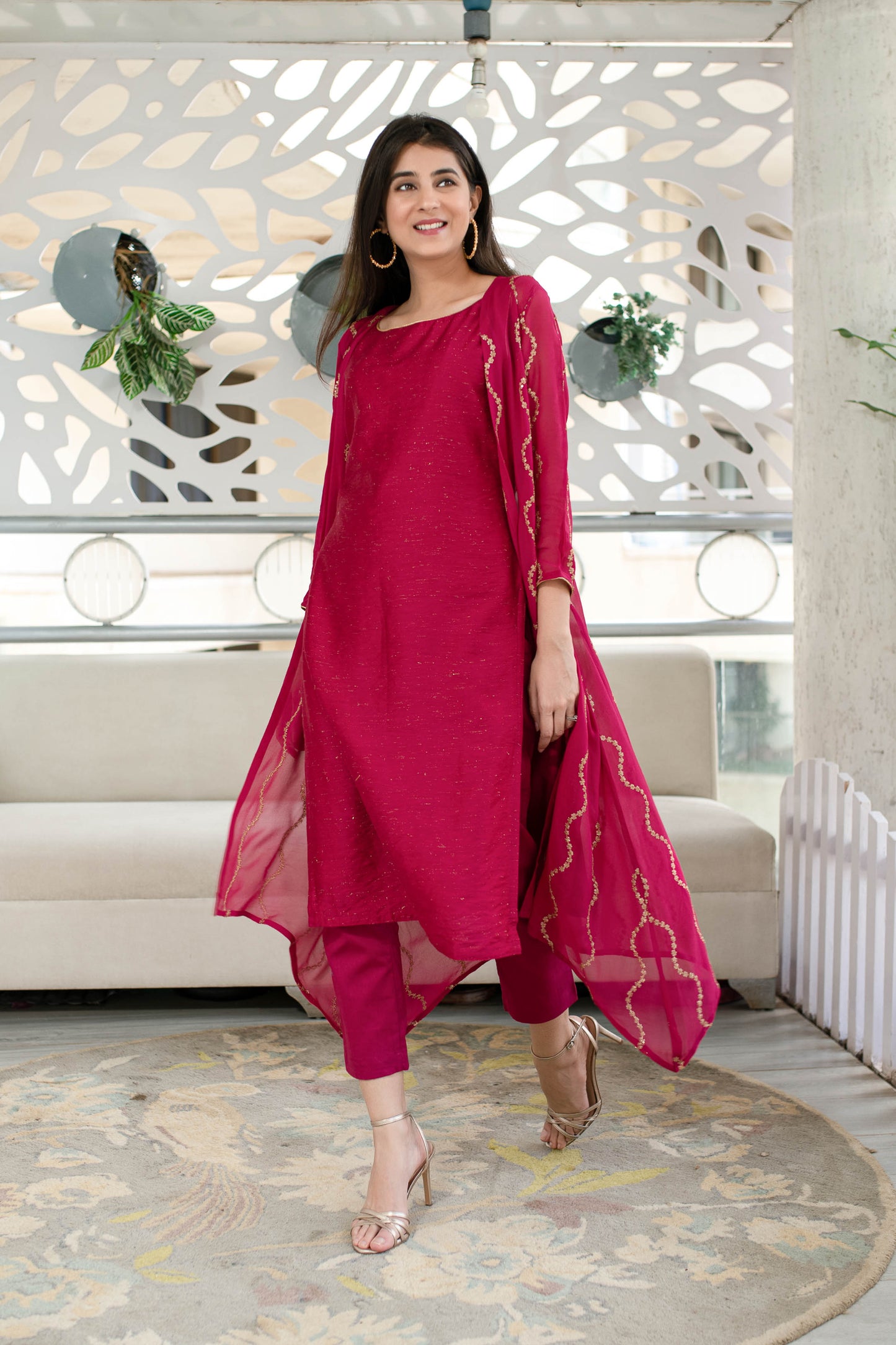 Women's Pink Kurta Pant With Overcoat (3pcs set)