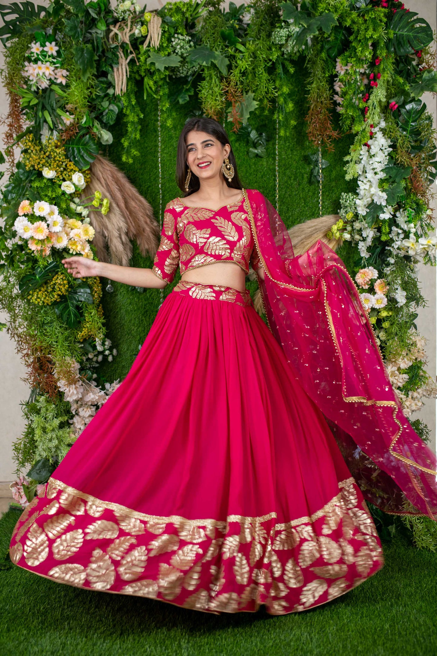 Women's Rani Pink Leaf Daman Lehenga
