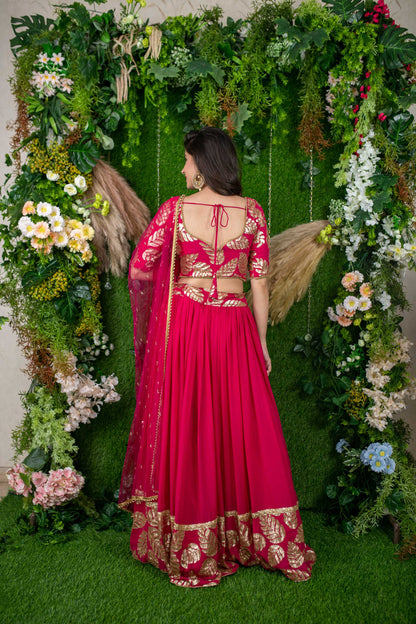 Women's Rani Pink Leaf Daman Lehenga
