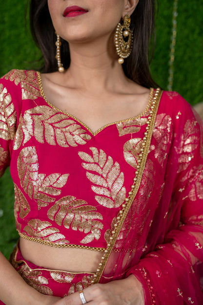 Women's Rani Pink Leaf Daman Lehenga