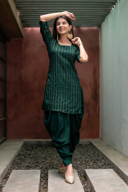 Women's Bottle Green Zari Work Patiala Set (2pc Set)