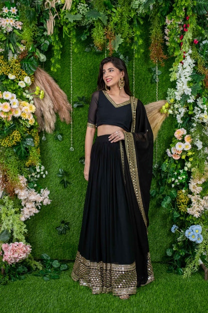 Women's Black And Golden Daman Lehenga