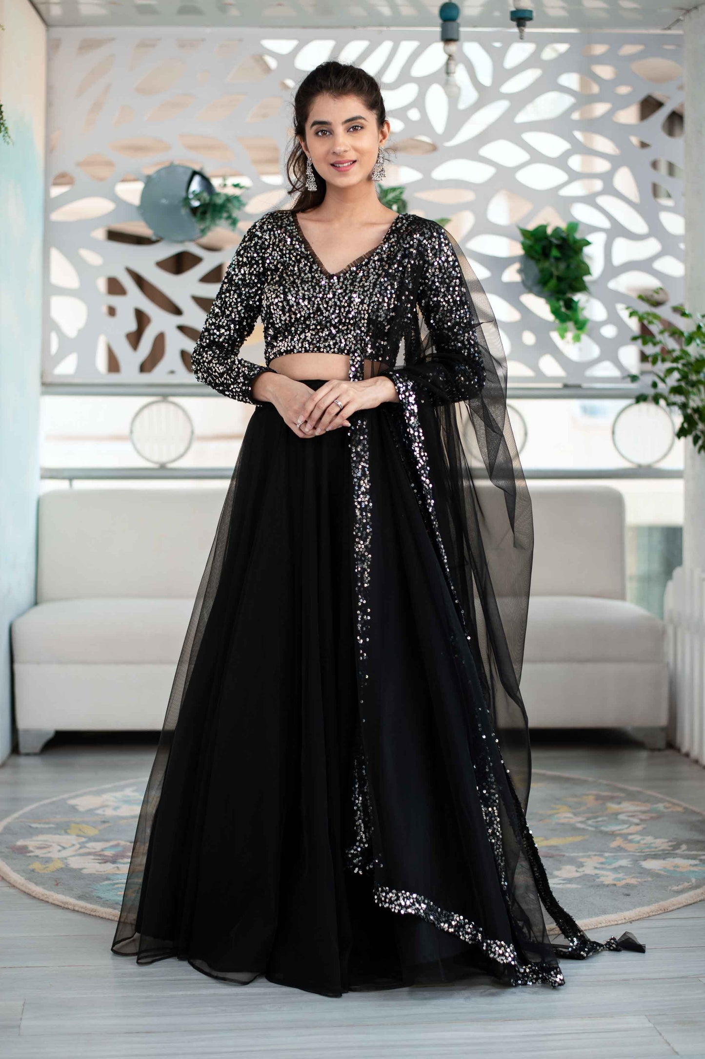 Women's Black And Silver Lehenga