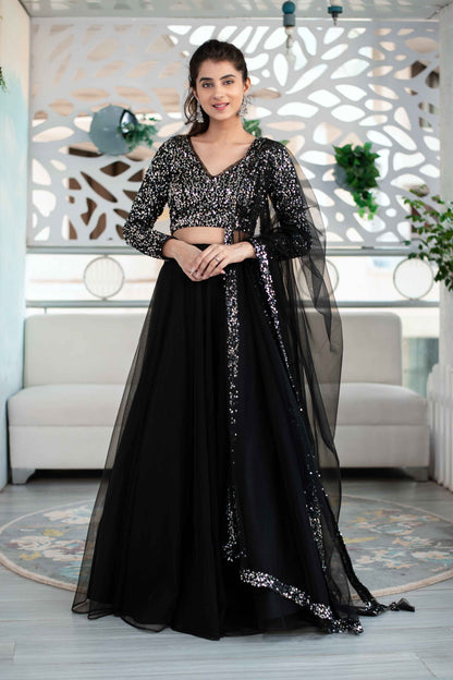 Women's Black And Silver Lehenga