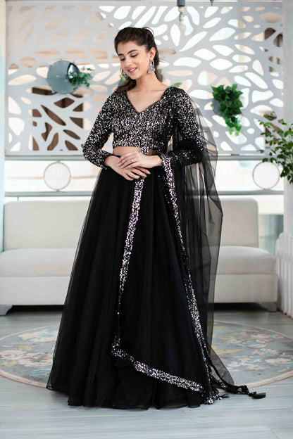 Women's Black And Silver Lehenga