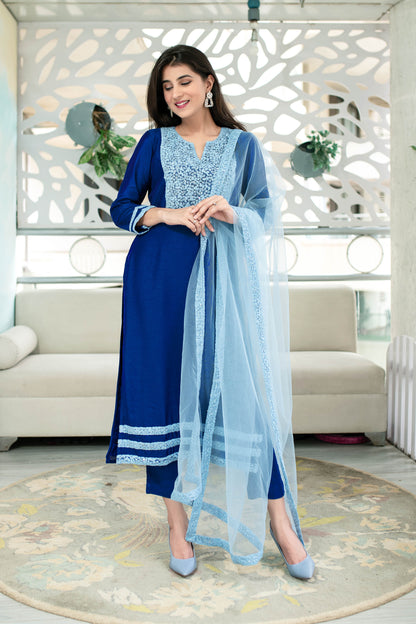Women's Shades Of Blue Kurta Set (3pc Set)