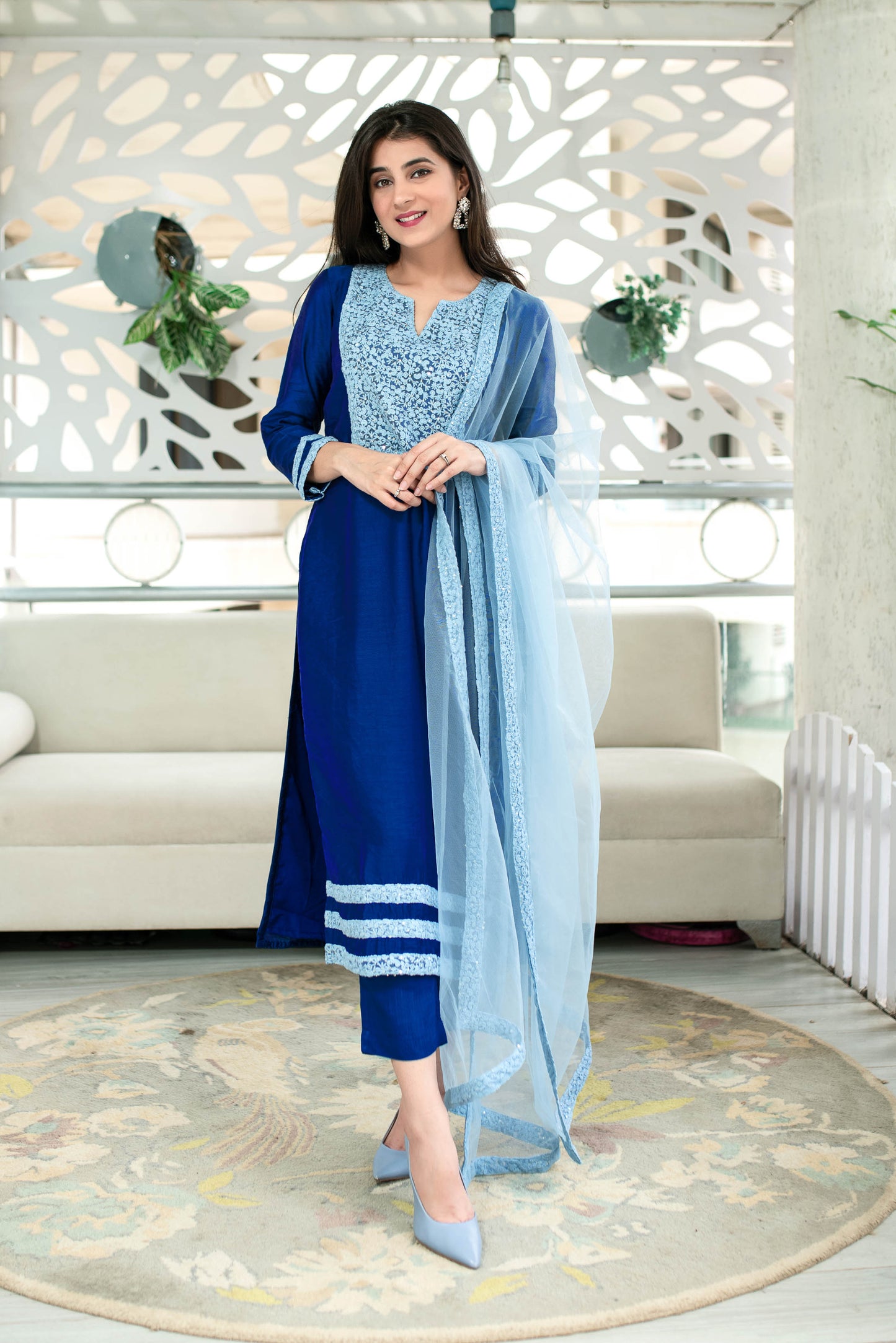 Women's Shades Of Blue Kurta Set (3pc Set)