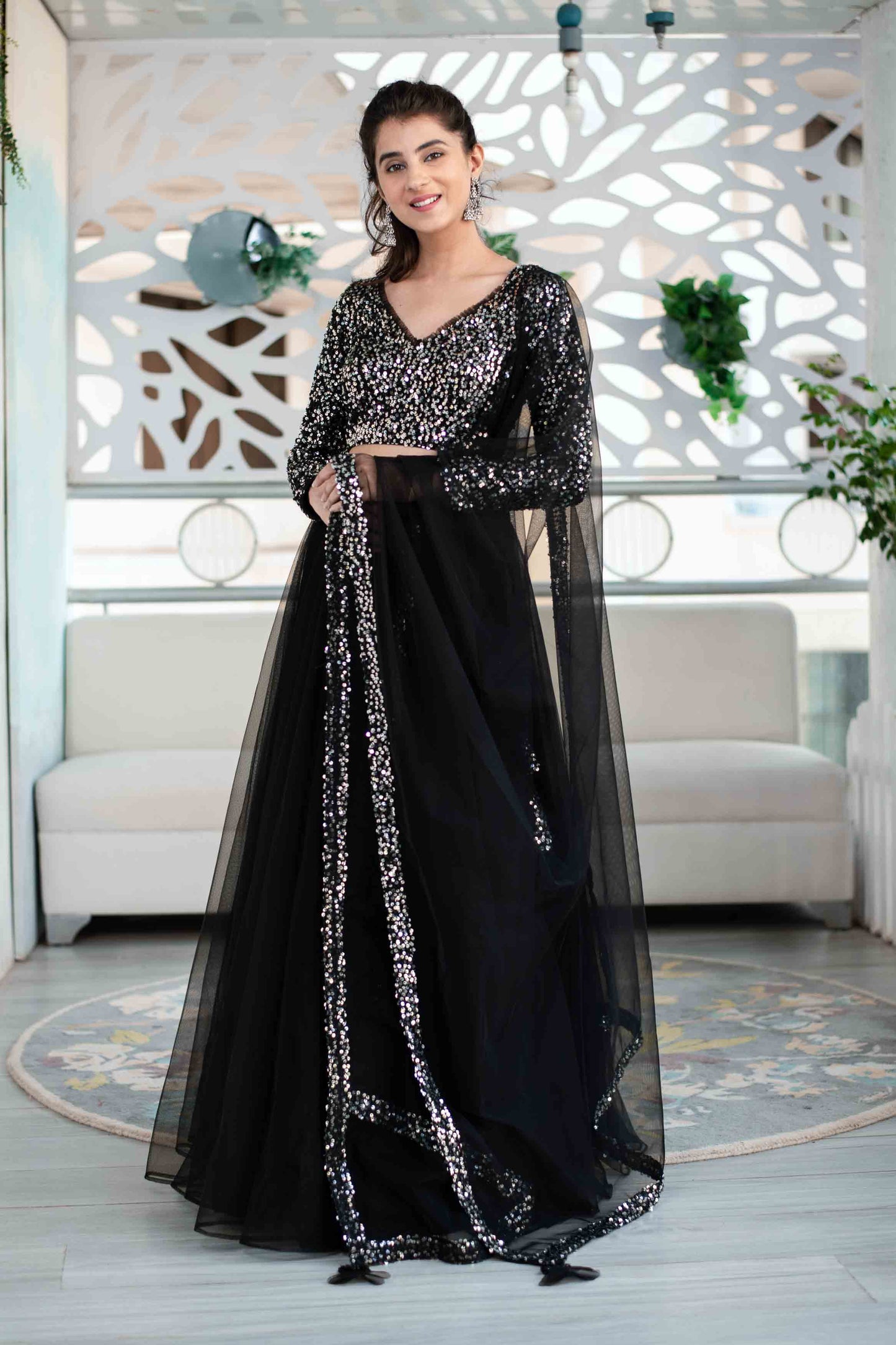 Women's Black And Silver Lehenga