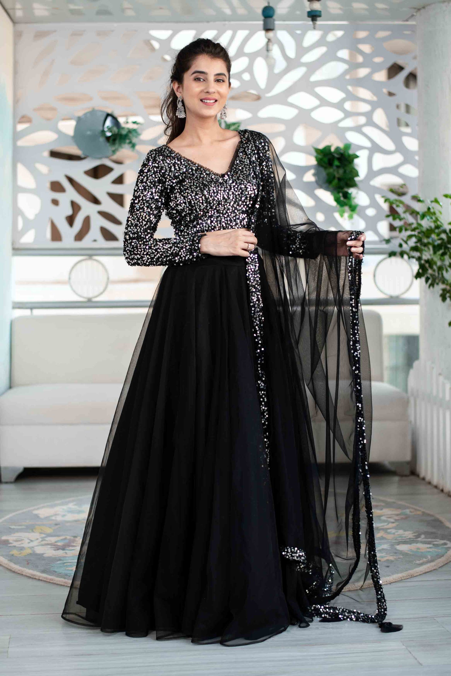 Women's Black And Silver Lehenga